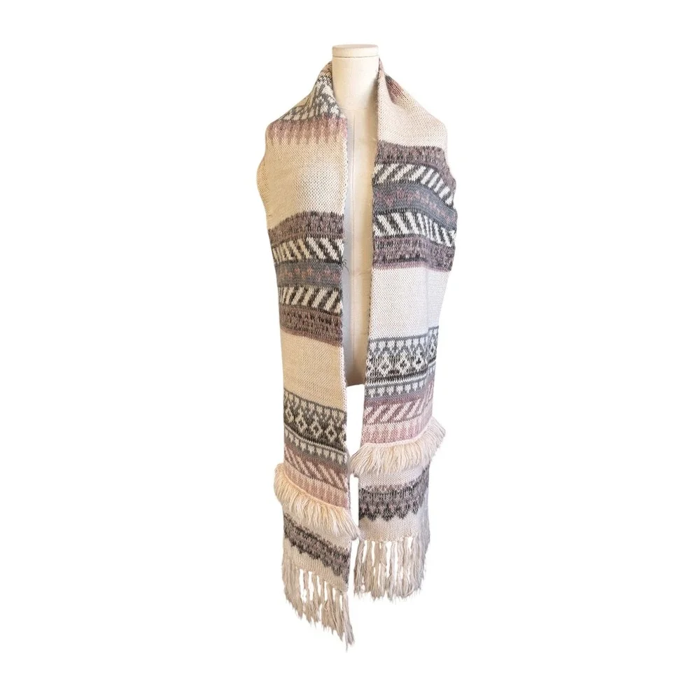Cream Mauve Fair Isle Knit Oversized Scarf with Fringe Boho Winter Accessory